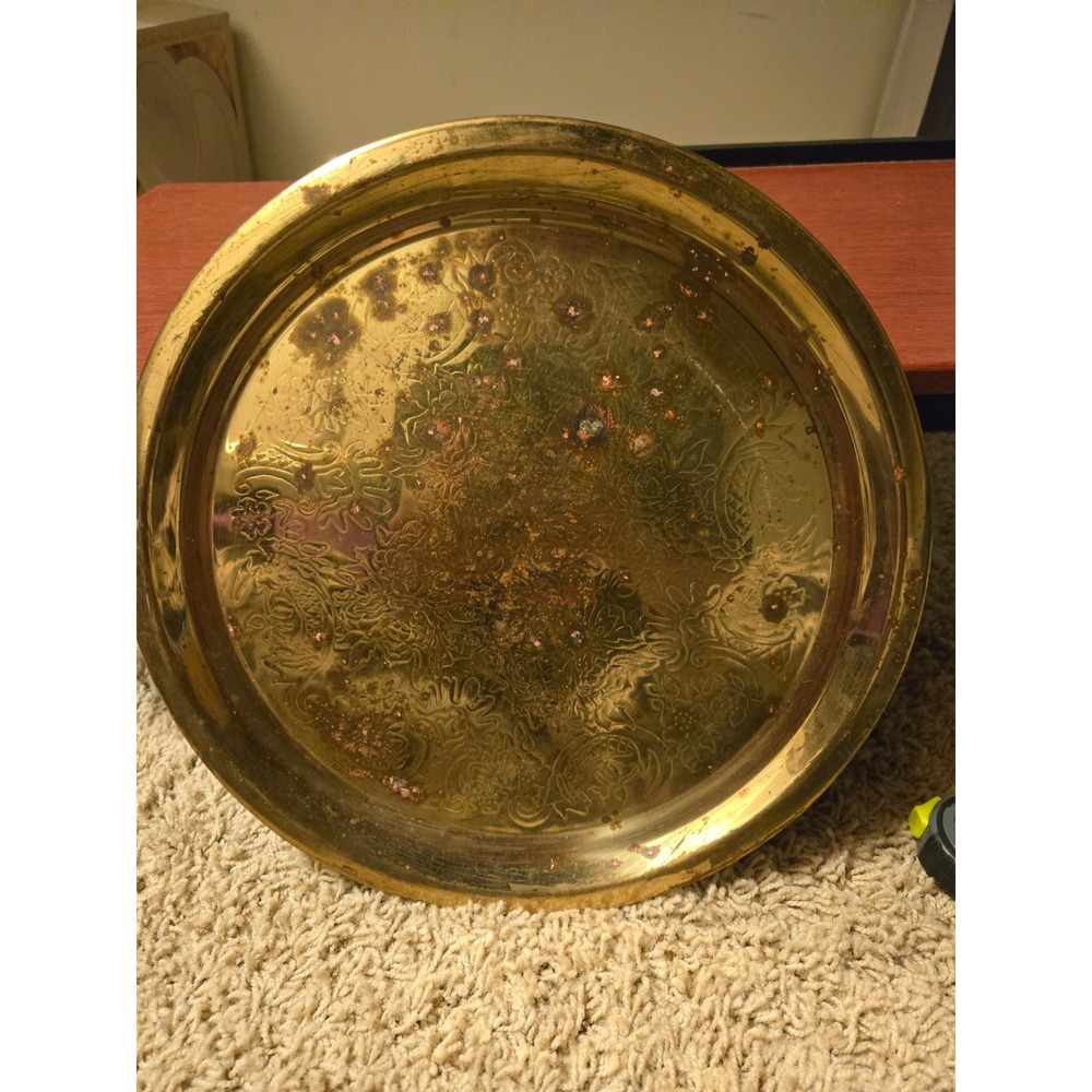 Vintage Etched Brass Round Tray Floral Scroll Pattern Boho Decor 11.75 Inch